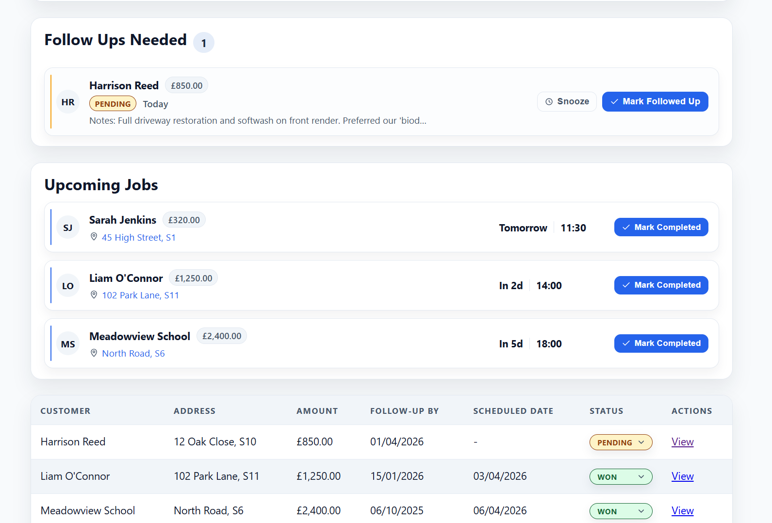 CRM dashboard preview with follow-ups and upcoming jobs